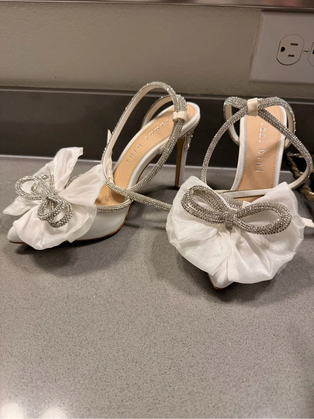 Gianni Bini White Satin Bow Heels with Crystal Bow Accent